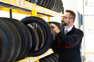 Mechanic man with car tires at service station. Male mechanic holding car tire in automobile store shop © NVB Stocker
