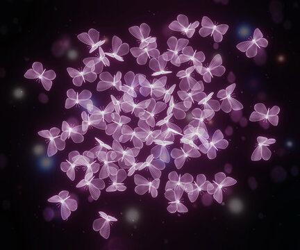 Flock of pink neon polygonal butterflies. Wireframe technology structure. 3d illustration