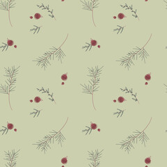 Cozy square seamless pattern for new year and christmas with spruce branch, pine cone, berries on a green background. Textured digital art. Print for fabric, postcards, advertising, wallpaper, textile