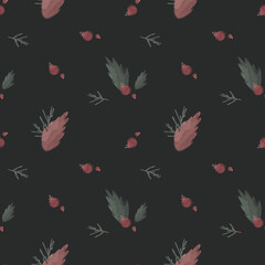 Cozy square seamless pattern for new year and christmas with branch, pine cone, berries on a black background. Textured digital art. Print for fabric, postcards, advertising, wallpaper, textiles