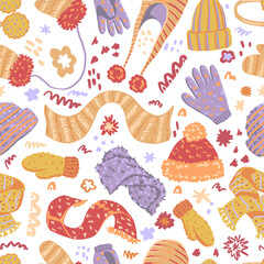 Warm mittens, scarves, hats flat hand drawn vector seamless pattern. Colorful background in scandinavian style. Cozy winter clothes wallpaper. Abstract design for prints, decor, wrap, fabric, textile.