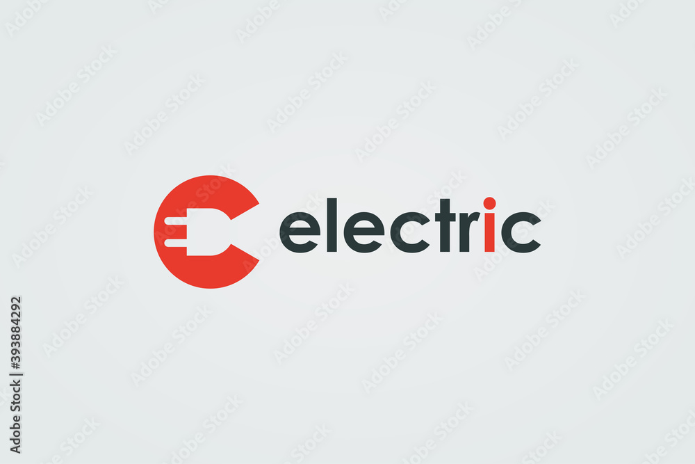 Poster initial letter c electricity logo. red circle shape c letter with negative space plug icon inside is