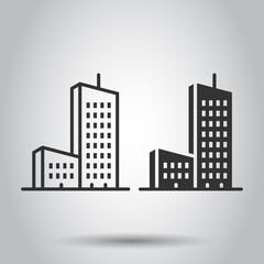 Building icon in flat style. Town skyscraper apartment vector illustration on white isolated background. City tower business concept.