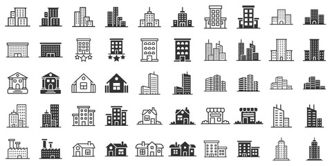 Building icon set in flat style. Town skyscraper apartment vector illustration on white isolated background. City tower business concept.