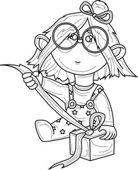 Cartoon girl in glasses and pajamas with present box sketch template. Vector illustration in black and white for games, background, decor. Children's story book, fairytail, coloring paper, page