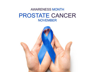 Prostate awareness. Blue ribbon in hands isolated on white background. Awareness prostate cancer of...