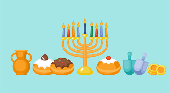 Hanukkah holiday greeting card design with menorah, sufganiyot and spinning top.