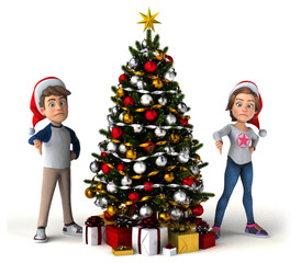 Fun 3D illustration of cartoon kids with a christmas tree