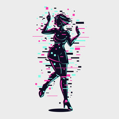 Obraz premium Young girl silhouette with glitch style effect. Dancing woman modern style illustration. Female hologram digital art. Cyberpunk illustration.