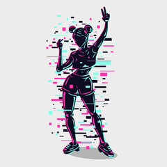 Young girl silhouette with glitch style effect. Dancing woman modern style illustration. Female hologram digital art. Cyberpunk illustration.