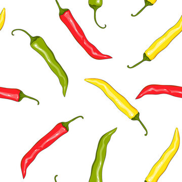 Seamless pattern red, yellow and green chilli pepper. Peppers background. Hand drawing chilli pepper. Vector illustration chilli pepper.
