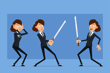 Cartoon flat funny business woman character in black suit with black tie. Girl angry, holding and fighting with asian samurai sword. Ready for animation. Isolated on blue background. Vector set.