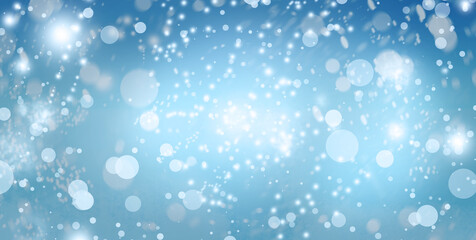 Abstract snowfall on light blue background, bokeh effect. Banner design