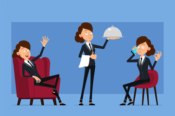Cartoon flat funny business woman character in black suit with black tie. Girl talking on phone, holding tablet and metal food tray. Ready for animation. Isolated on blue background. Vector set.