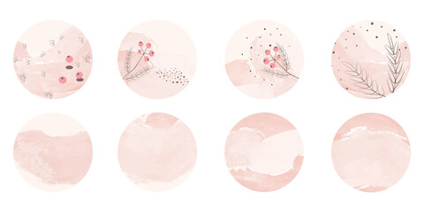 Vector set of round watercolor icons for social media stories. Highlight icons. Pink watercolor highlight cover icons collection. Abstract minimal trendy backgrounds with pastel colors.