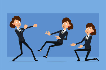 Cartoon flat funny business woman character in black suit with black tie. Girl fighting, falling back and standing on knee. Ready for animation. Isolated on blue background. Vector set.