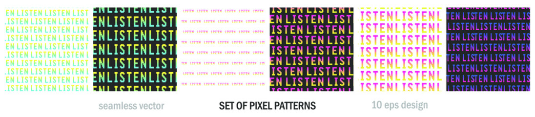 Set of seamless vector pixel patterns. Multicolor sign  backgrounds for fabric, textile, cover, web, wrapping etc. Collection of 10 eps design wallpapers.