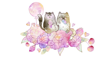 Two cats with ice cream, a balloon and flowers. Watercolor illustration.