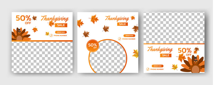 Set Of Editable Square Banner Template. Happy Thanksgiving With Turkey And Autumn Leaf Illustration. Usable For Social Media, Banner, And Web.