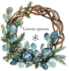 Christmas illustration with pine branches, spheres, eucaliptus leaves and decoration. Celebration lights in stars. Postcard with emtpty space for text