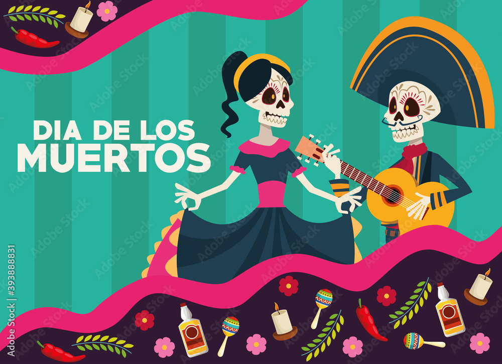 Wall mural dia de los muertos celebration card with skeletons couple and set icons frame