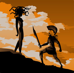 orange and black pottery painting of perseus fighting the medusa © matiasdelcarmine