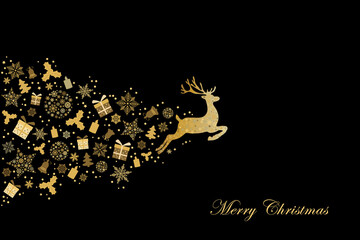 Greeting card with gold Christmas  deer, gifts, snowflakes, christmas tree on black background. Vector illustration. Gold pattern