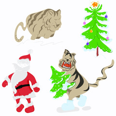 Set of Christmas elements. Santa, tiger and Christmas tree. Decorated Christmas tree.