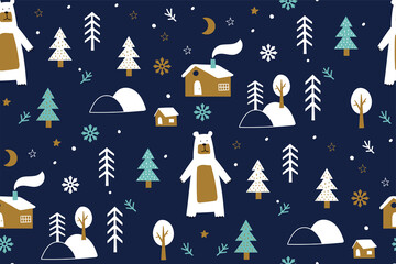 Seamless background with winter forest, bear, winter forest, snowflakes. Childish seamless pattern. Trendy scandinavian holiday vector background. Perfect for kids apparel,fabric, textile.