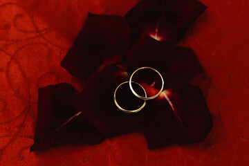 Wedding rings on red rose petals