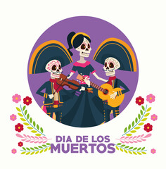 Obraz na płótnie Canvas dia de los muertos celebration card with skeletons group and flowers