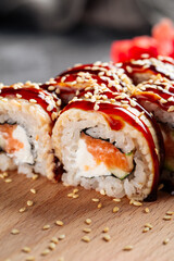American canada sushi rolls with unagi and salmon