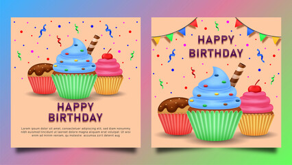 Happy birthday greeting card with cake and ribbon
