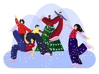 new year's card with the image of young people skating around the Christmas tree. Perfect for banners, postcards, posters, print and websites.