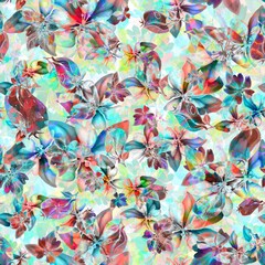Beautiful bright floral graphic seamless pattern with invert element and pink, blue, purple, white blossom on white