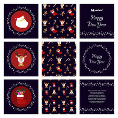 2021. set of Christmas cards, with a circular pattern in the form of snowflakes and a Christmas boot and a seamless pattern and a deer that can be joined together.  EPS10