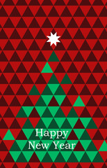 Christmas card made of geometric shapes, triangles. Image of a Christmas tree on a red background. Perfect for banners, postcards, and printing. EPS 10