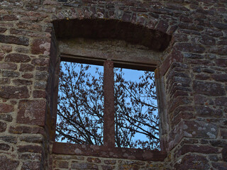 Mystic view of an old stone window of castle ruin Burg Zavelstein located in Bad Teinach-Zavelstein, Black Forest, Germany with the branches of a bare tree and blue sky in autumn.