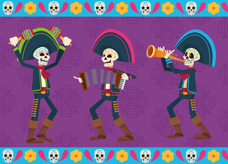 dia de los muertos celebration card with skeletons mariachis