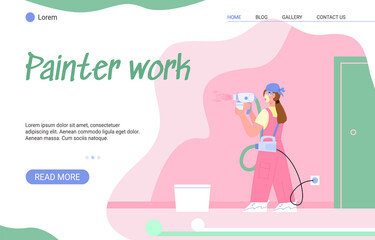 Female painter performing paint walls indoors. Service work for painting repair in house or apartment. Construction or renovation of housing. Vector landing page template