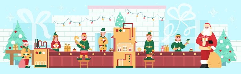 Toy and gifts Christmas factory with cartoon characters of elves and Santa, flat vector illustration. Cute little elves or dwarfs helping Santa on his toy factory.