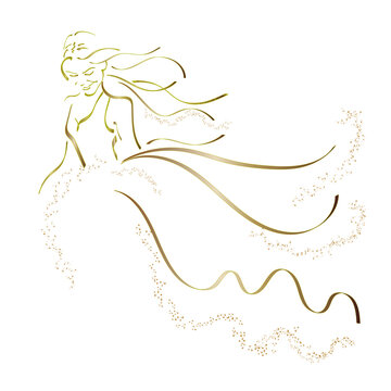 the image of a romantic girl in a light gentle gold dress. vector line art illustration. bride in wedding dress