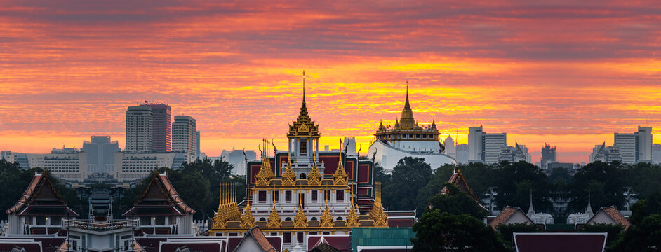Bangkok Night light with Wat Ratchanatdaram or Loha Prasat Metal Castle.