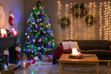 Interior of living room decorated for Christmas