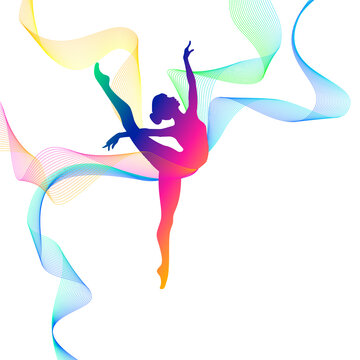 Rhythmic gymnastics girl silhouette with multi-colored lines