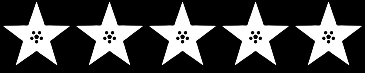 Five black and white five-pointed stars