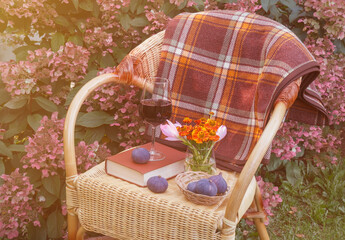Glass of red wine, book, figs and bouquet of helenium and autumn crocuses on wicker chair in garden