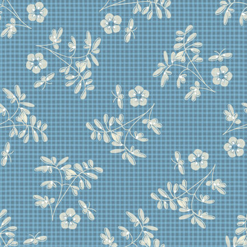 Vintage Gingham Seamless Vector Repeat Background. Monochrome Blue With Japan Florals. Classic Retro Fabric, Table Cloth, Kitchen Wear, Apron. Vector EPS 10 Tile.