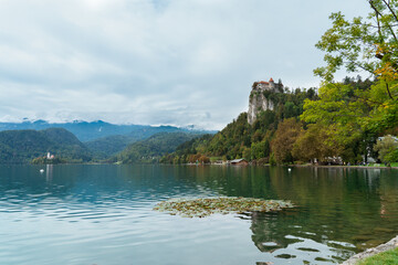 Lake bled with a castle in cloudy weather in summer
