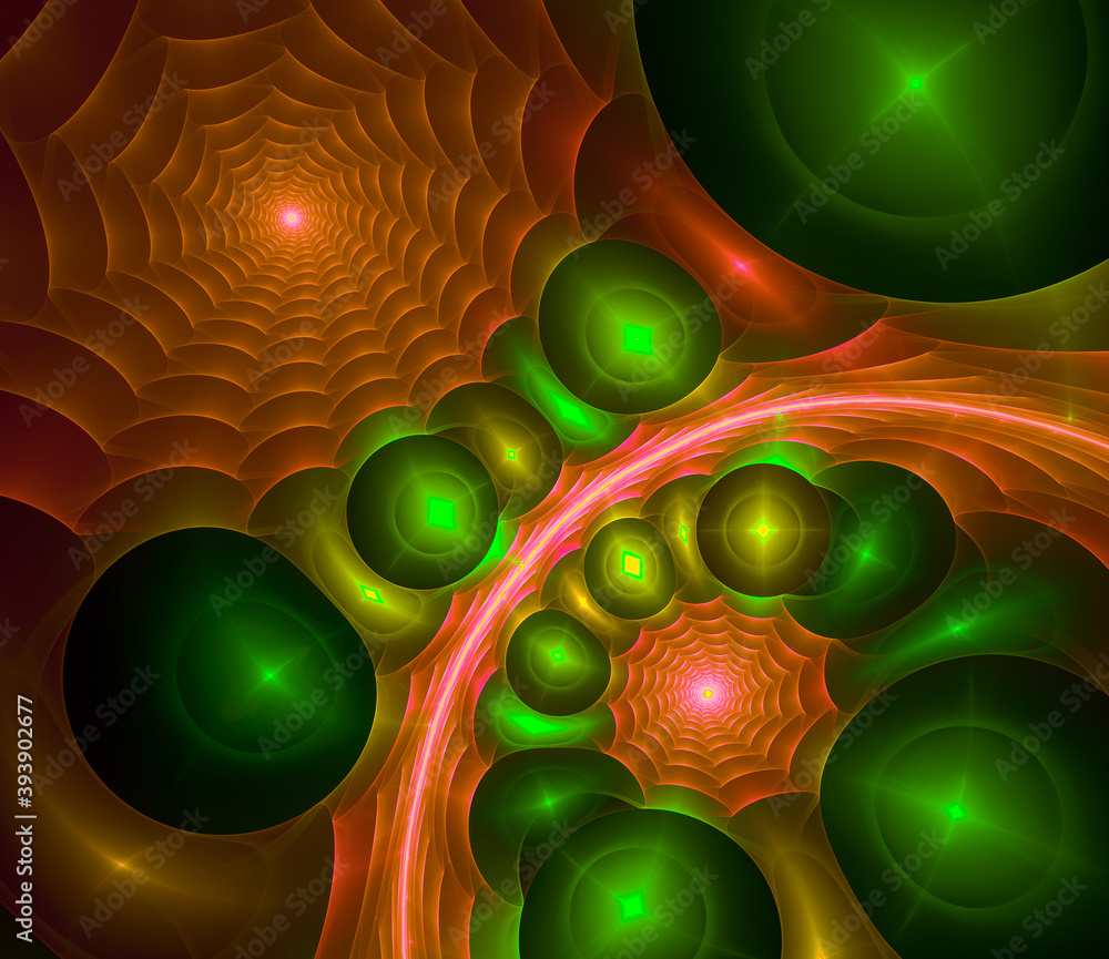 Aufkleber bright orange spirals and illuminated green balls on an abstract fractal background. balls of differ